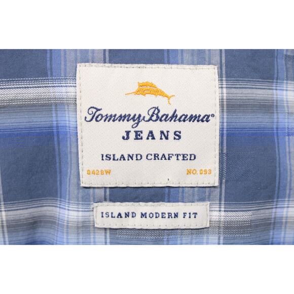 Tommy Bahama Jeans Men's Plaid Cotton Shirt Short Sleeve Modern Fit Blue Sz L - Picture 4 of 6